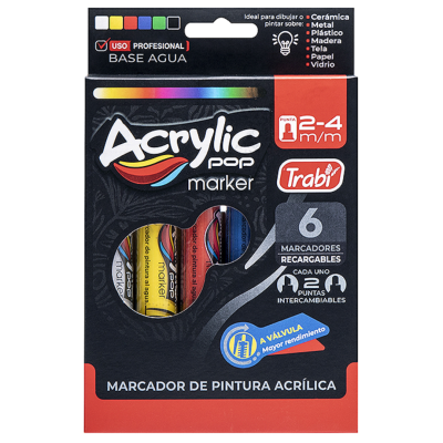 TRABI- MARCADOR PINT. ACRILICA LIQUIDA POP 2-4MM SET x 6 SURTIDO TRABI- MARCADOR PINT. ACRILICA LIQUIDA POP 2-4MM SET x 6 SURTIDO